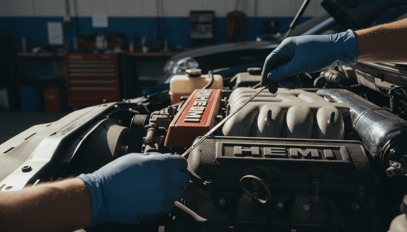 Technician performing fluid service on a Dodge Ram vehicle in a professional garage setting