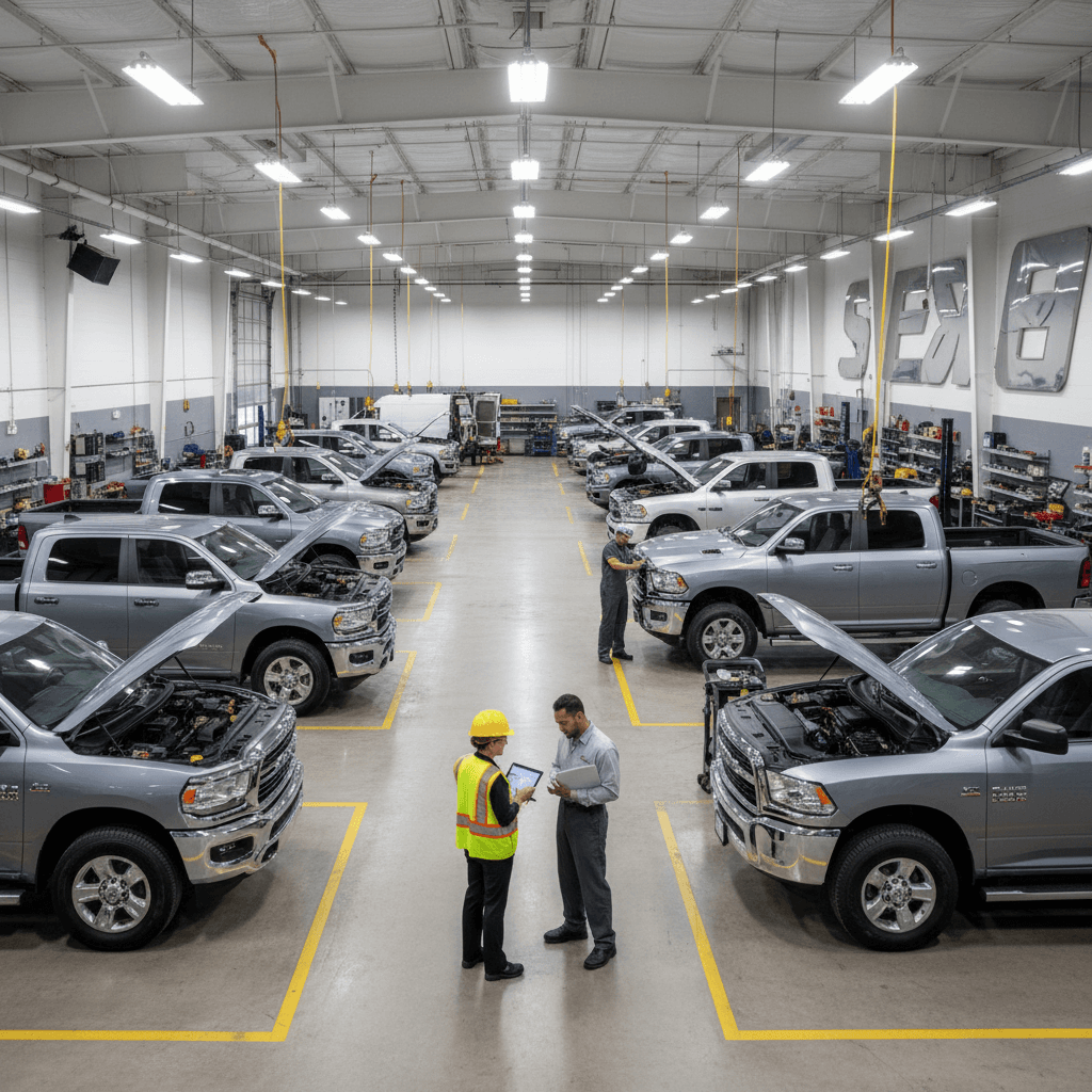 Commercial fleet vehicles receiving service and maintenance