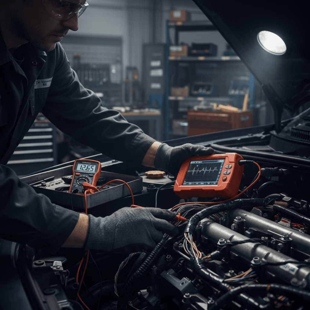 Close-up of technician performing diagnostic inspection on truck engine