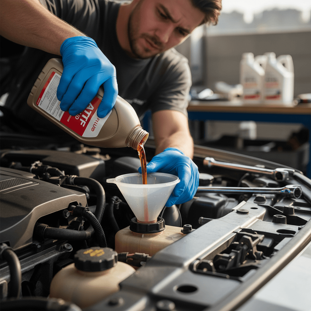 Technician performing fluid service maintenance