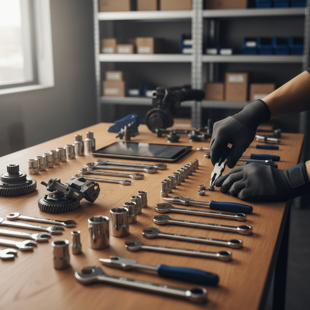 Overhead view of organized diagnostic tools and maintenance supplies on service workbench