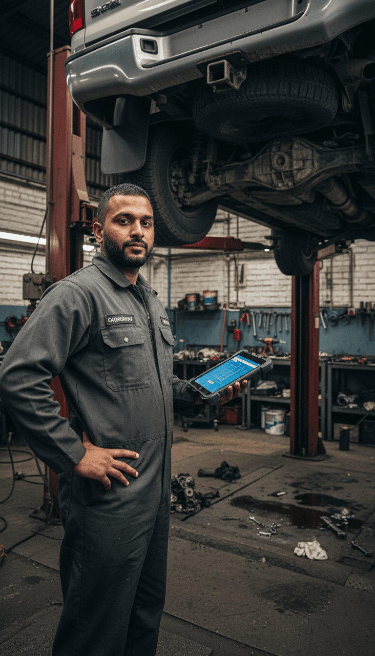 Technician performing fluid service work on elevated Dodge Ram truck